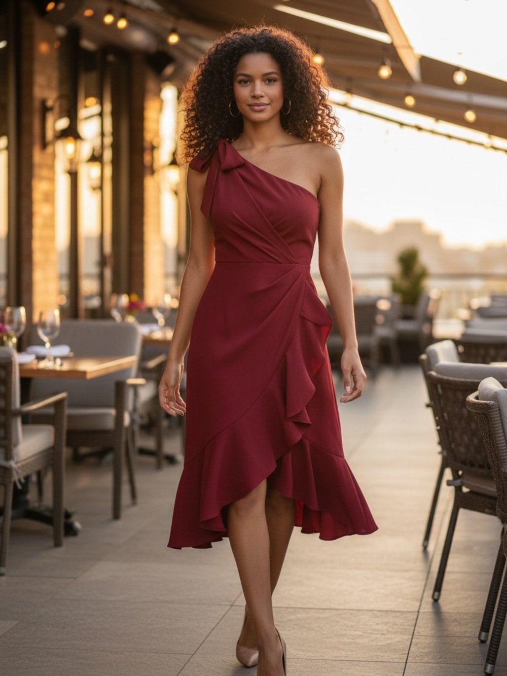 Feiman One-Shoulder Burgundy Ruffle Midi Dress NWT Elegant Cocktail